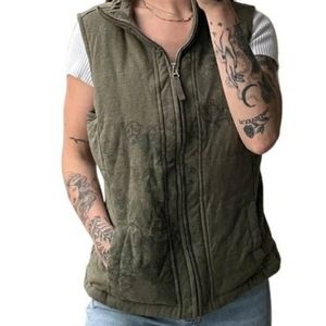 Christopher & Banks Khaki Green Puff Zip Front Vest with Dark Design size XL